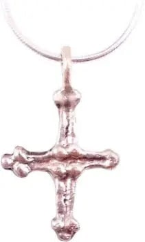 FINE EUROPEAN CHRISTIAN CROSS NECKLACE, 9TH-10TH CENT: 9th-10th century. Silvered bronze, 1 1/8" high in exceptional preservation. Swelled beams with pointed trefoil terminals, one underdeveloped in the casting process. Both beams with high raised edges.