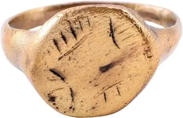 MEDIEVAL EUROPEAN RING C.800AD, SIZE 8 1/2: Good wearable size 8 1/2 with rounded face tapered band 2.2mm, flaring to the shoulders. Raised round bezel cut with a diamond within hatching each, representing the Star of Bethlehem which at this ti