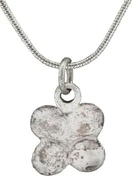 ANCIENT ROMAN QUATREFOIL NECKLACE, 1st-2nd C.AD: 1st-2nd Century AD. Silvered bronze. Just under 3/4" height, shaped as a quatrefoil with four incised circles to each quarter and a central diamond. Professionally refurbished with the silver overlay
