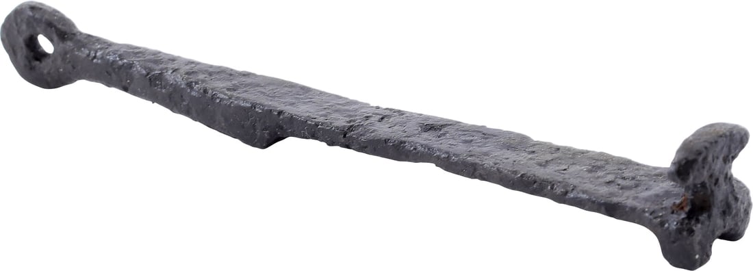 FINE VIKING SLAVE LOCK KEY 10TH-11TH CENTURY AD: Iron, finely forged, 4 1/8” length, the stepped shank tapered through its length with a forged tip loop end. Opposite with a double prong opposite fungiform bit. Professionally conserved