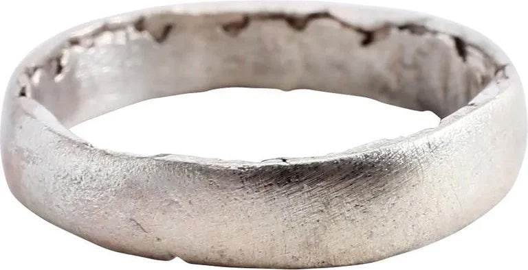 RARE VIKING WEDDING RING, 9th-10th CENTURY, SZ 8 1/4: Silvered bronze, size 8 1/4. 9th-10th century AD. 4.7mm width, with well-rounded face. Made with a core filling the inside which distributed the flowing metal and allowed for slower cooling. The core