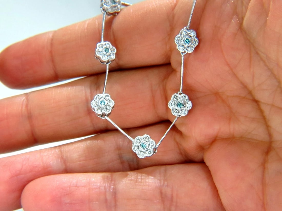 1.00CT ROUND BRILLIANT BLUE DIAMONDS FLOWER CLUSTER ETERNITY NECKLACE 14KT** - 12