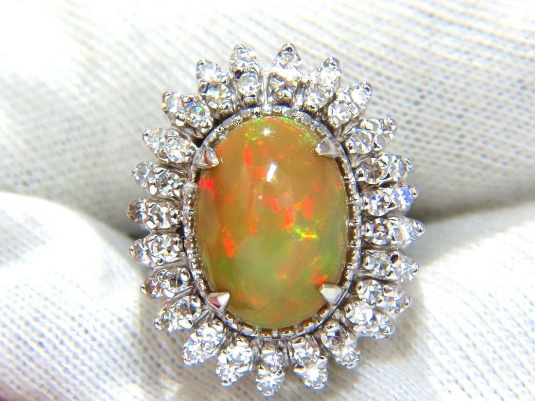 GIA 7.17ct natural cabochon opal diamonds sunburst cocktail ring 14kt.+ - 2