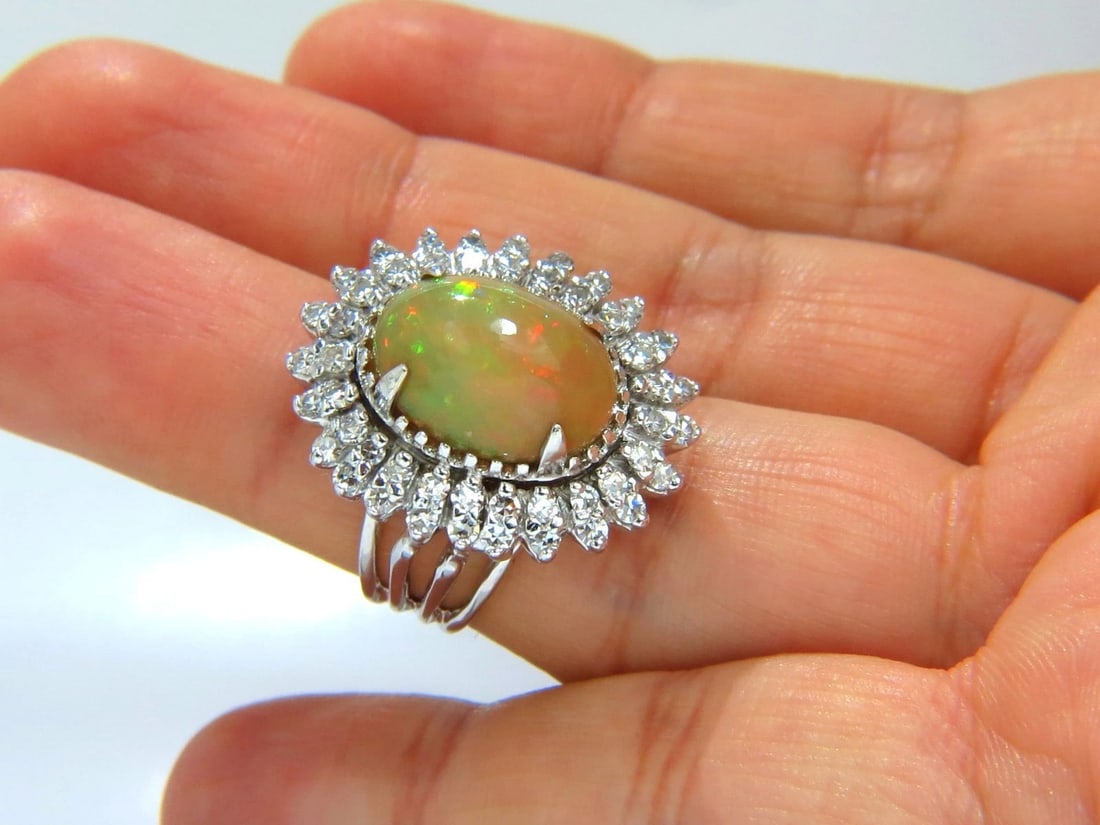 GIA 7.17ct natural cabochon opal diamonds sunburst cocktail ring 14kt.+ - 4
