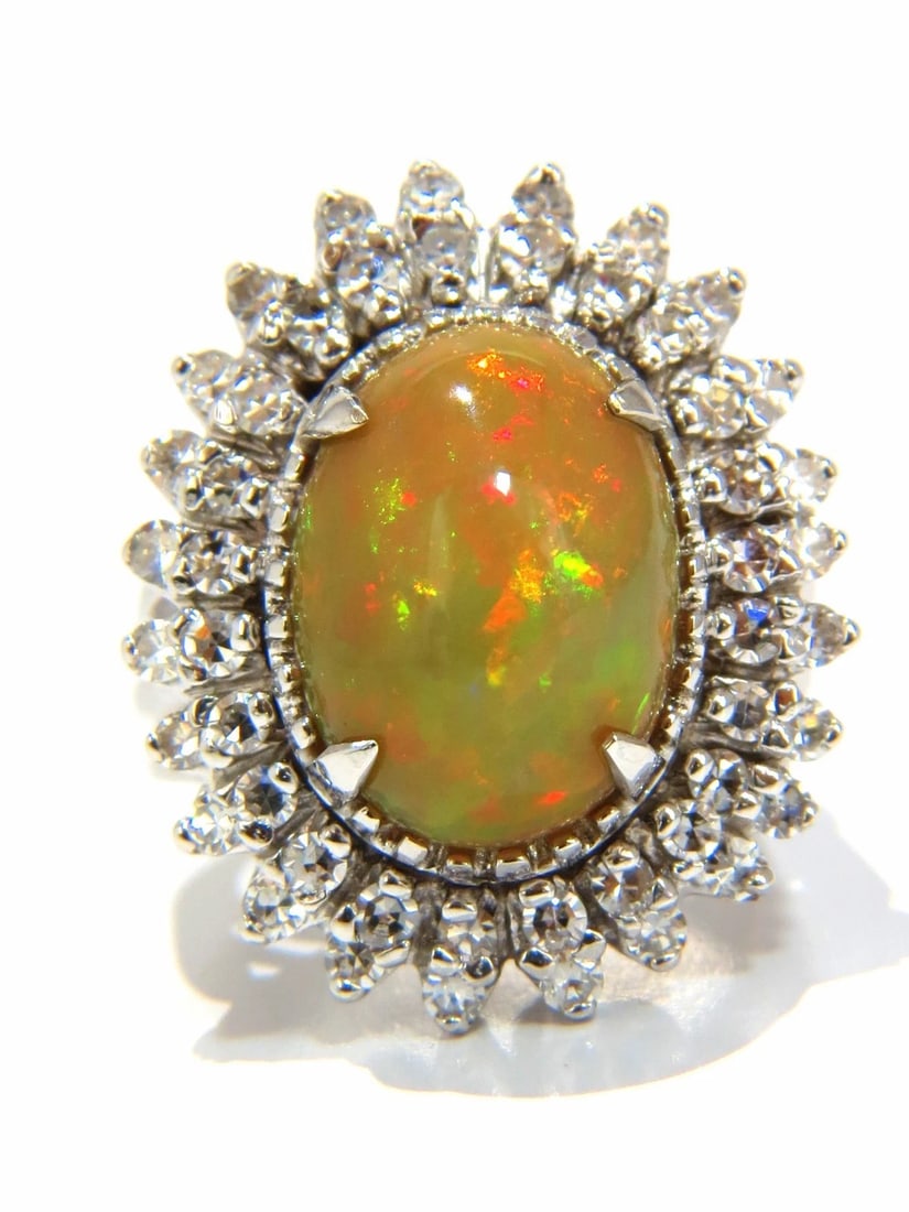 GIA 7.17ct natural cabochon opal diamonds sunburst cocktail ring 14kt.+ - 7