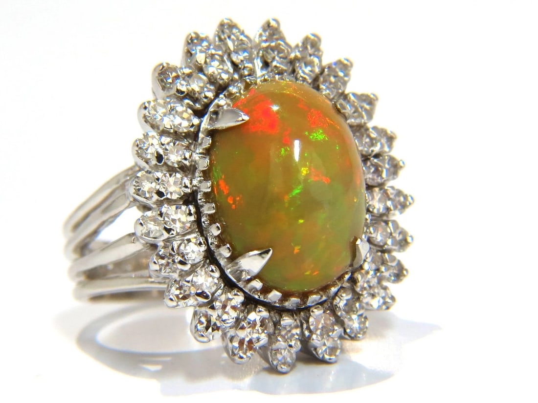 GIA 7.17ct natural cabochon opal diamonds sunburst cocktail ring 14kt.+ - 8