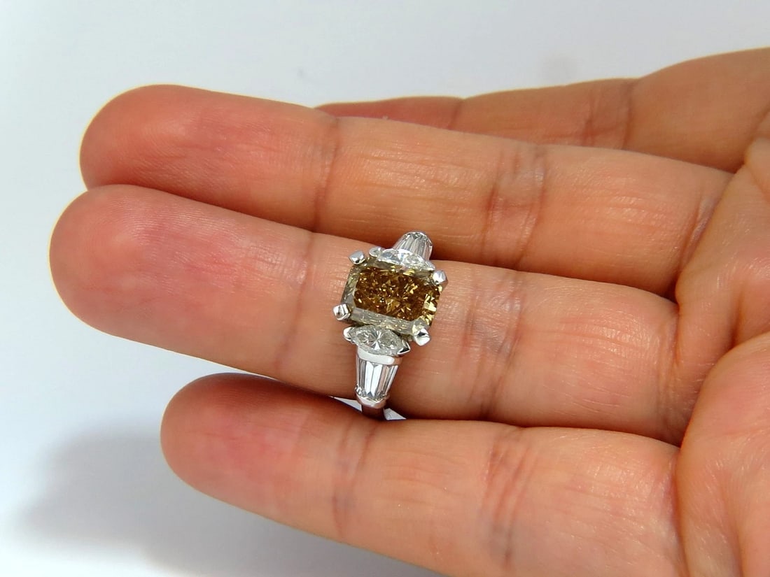 GIA 4.12ct. radiant fancy brown green yellow diamonds platinum ring + - 3