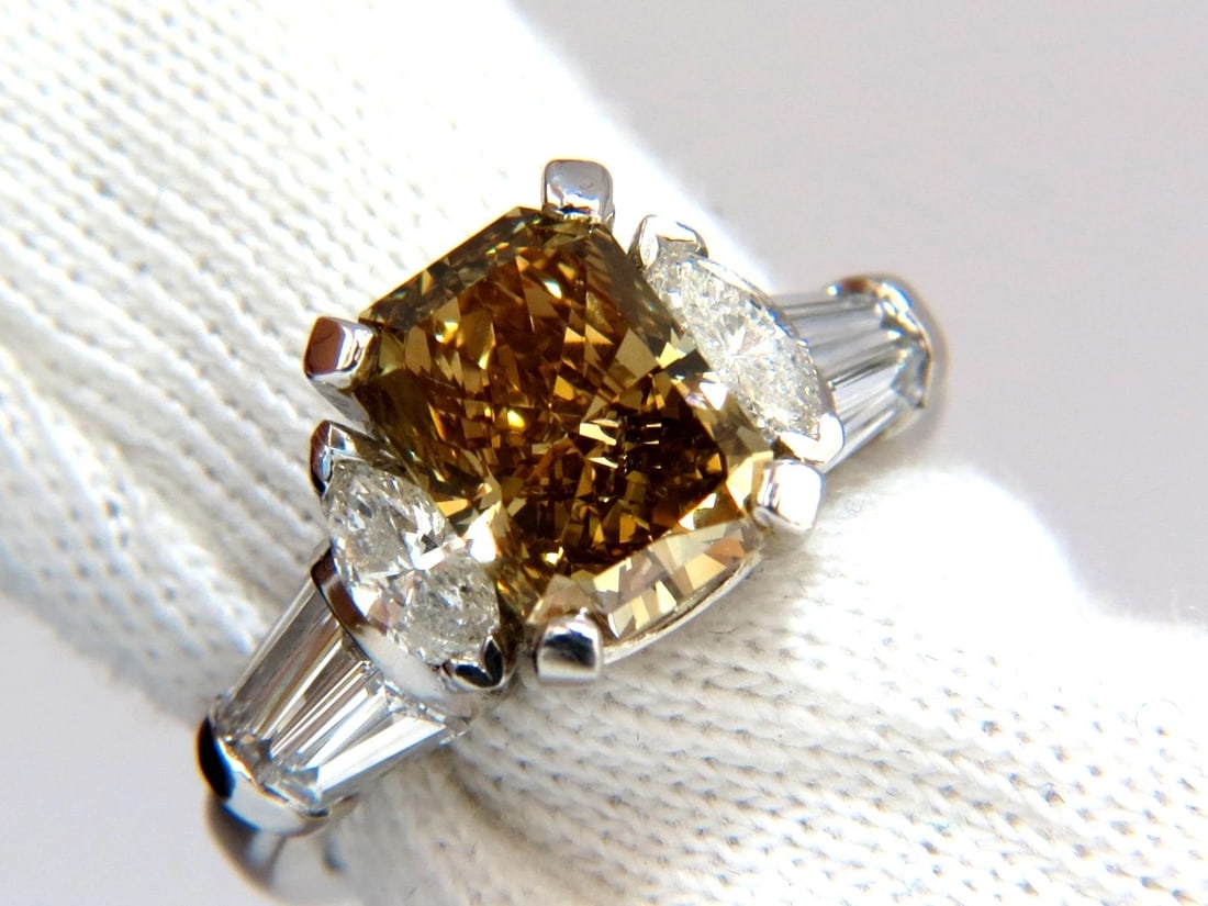 GIA 4.12ct. radiant fancy brown green yellow diamonds platinum ring + - 5