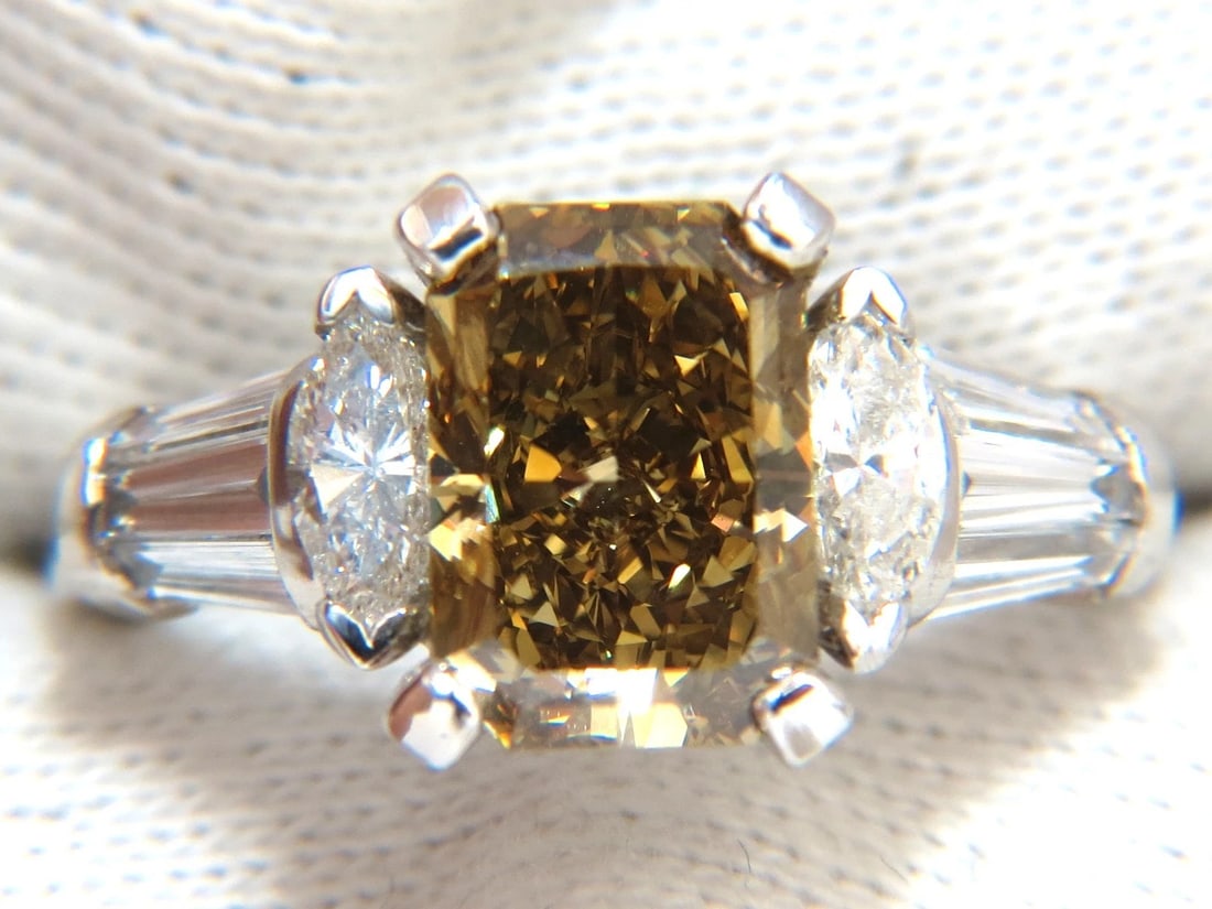 GIA 4.12ct. radiant fancy brown green yellow diamonds platinum ring + - 6