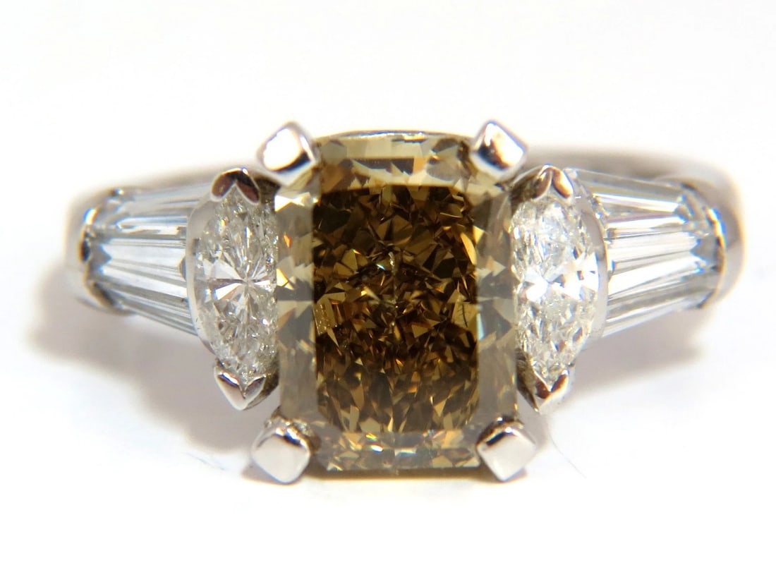 GIA 4.12ct. radiant fancy brown green yellow diamonds platinum ring + - 7