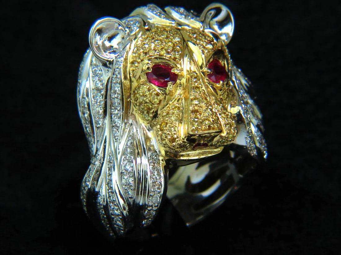 18KT ITALY UNISEX HUGE 3.40CT DIAMONDS RUBY LIONESS RING 18KT+ - 2