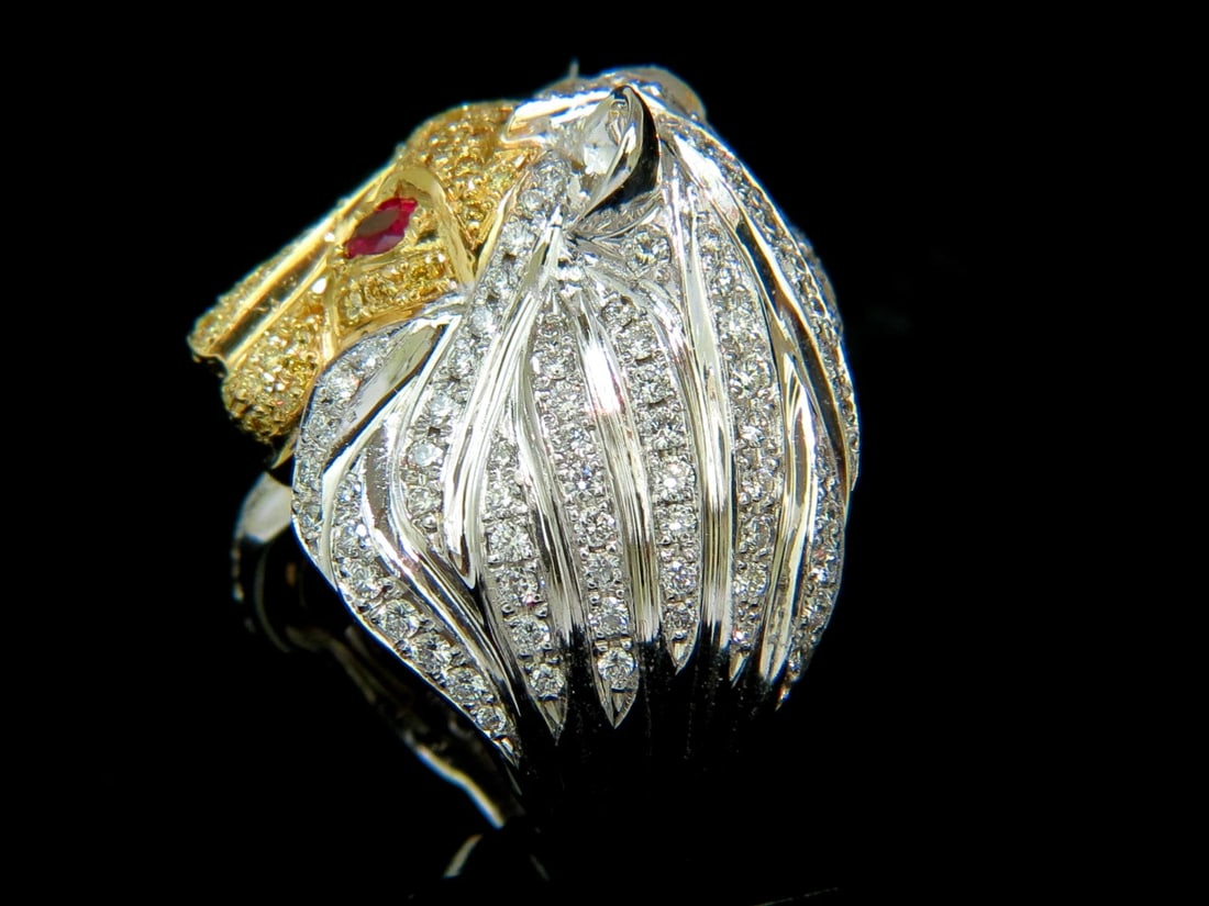 18KT ITALY UNISEX HUGE 3.40CT DIAMONDS RUBY LIONESS RING 18KT+ - 3