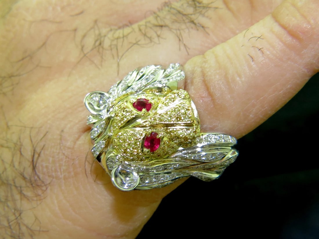 18KT ITALY UNISEX HUGE 3.40CT DIAMONDS RUBY LIONESS RING 18KT+ - 7