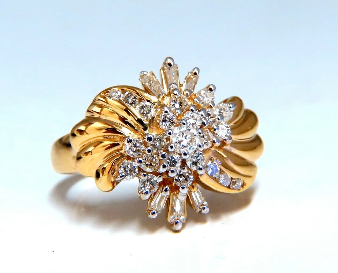 .70ct Natural Baguette & Rounds Flaming Cocktail Cluster Diamonds Ring 14kt**: Title: .70ct Natural Baguette & Rounds Flaming Cocktail Cluster Diamonds Ring 14kt** Description: .70ct diamonds cluster ring. H-color vs-2 clarity. 14kt yellow gold. Item: 4.9gms $800 Marquise & Roun