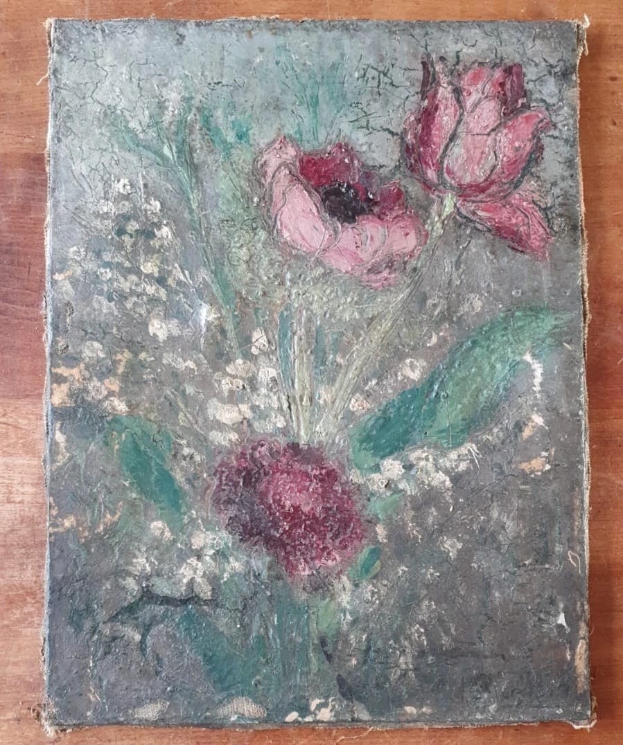 Antique Painting Original Flowers, Floral, Still Life, Poppy, Roses signed - 2