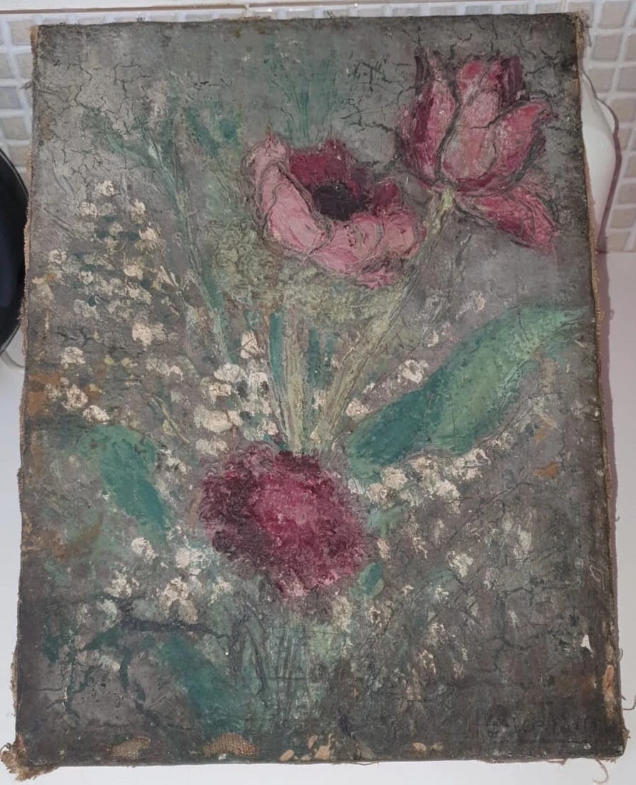 Antique Painting Original Flowers, Floral, Still Life, Poppy, Roses signed - 8
