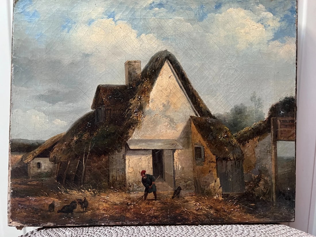 Landscape, Farm, Chicken, Man, House 19th century Antique Painting Original - 2