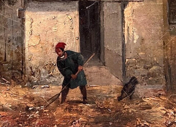 Landscape, Farm, Chicken, Man, House 19th century Antique Painting Original - 3