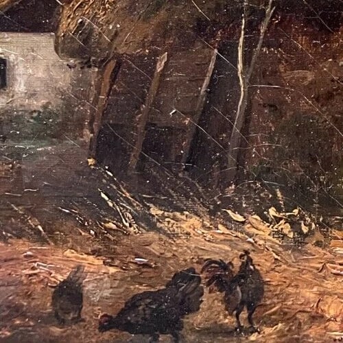 Landscape, Farm, Chicken, Man, House 19th century Antique Painting Original - 4