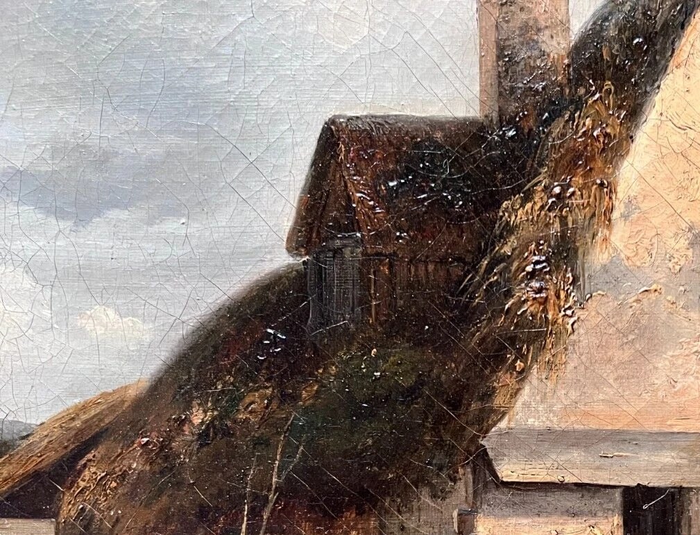 Landscape, Farm, Chicken, Man, House 19th century Antique Painting Original - 5