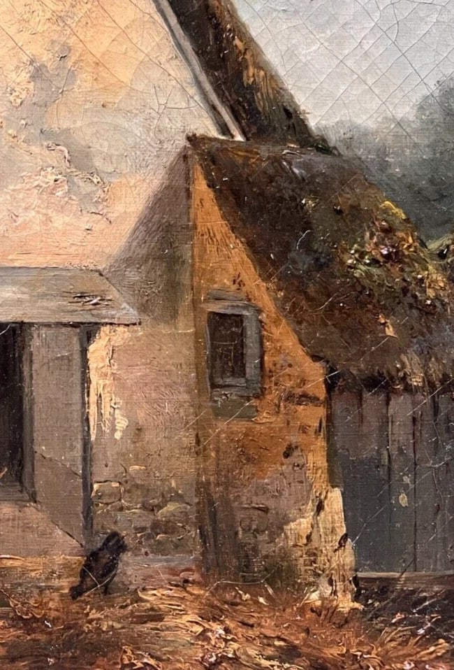 Landscape, Farm, Chicken, Man, House 19th century Antique Painting Original - 6