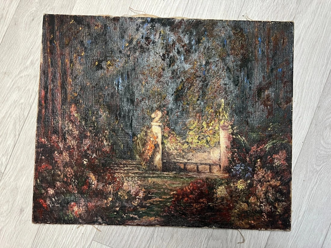 Antique Oil Painting Original Landscape, Garden, Trees, Forest, Flowers signed - 2