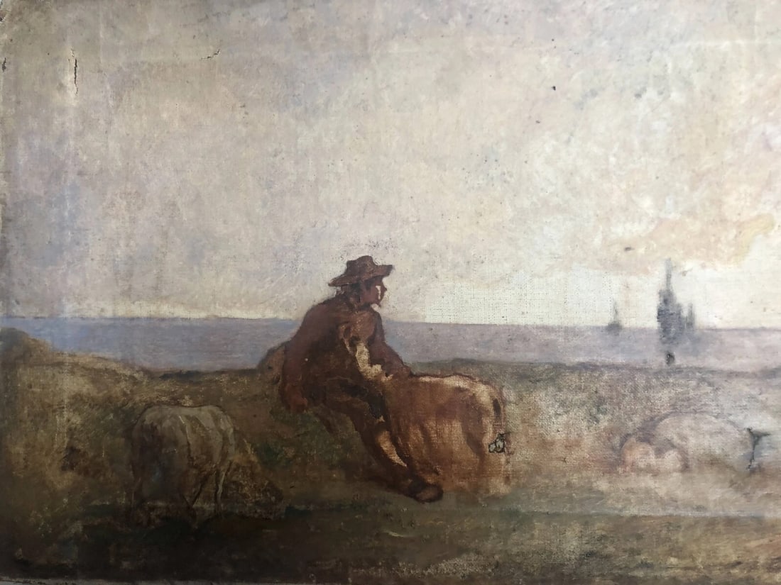 Antique Painting Original Landscape, Farm, Man, Boat, Goat, Sheep 19th century - 2
