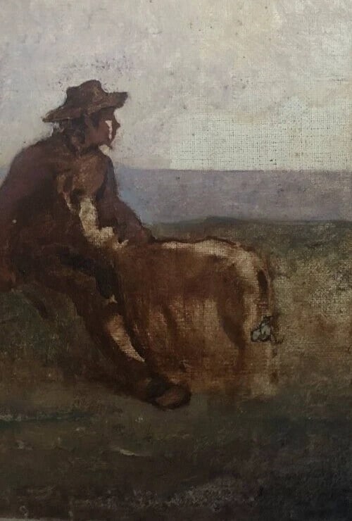 Antique Painting Original Landscape, Farm, Man, Boat, Goat, Sheep 19th century - 4