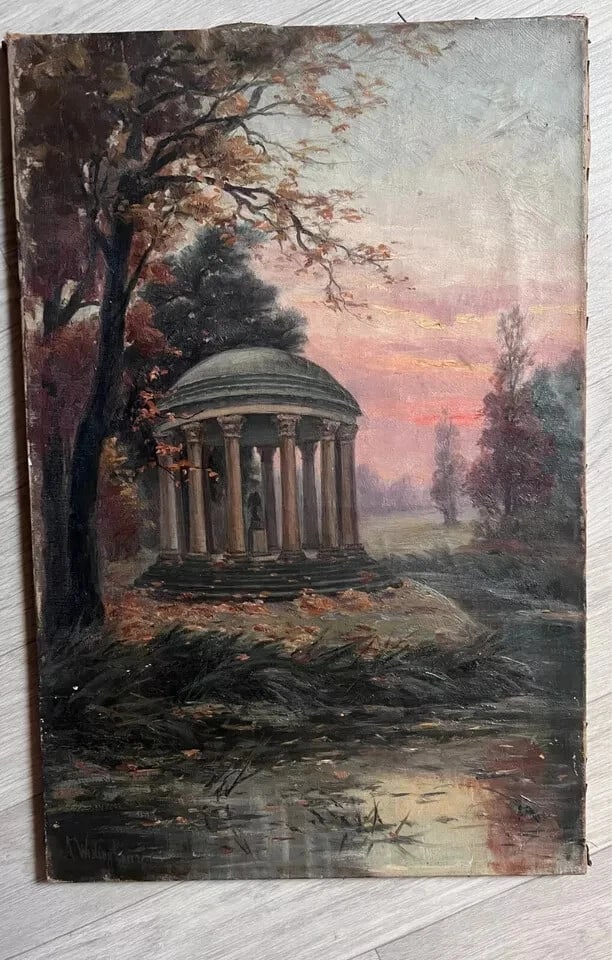 Antique Painting Original Landscape, Architecture, Sunset, Trees signed - 2
