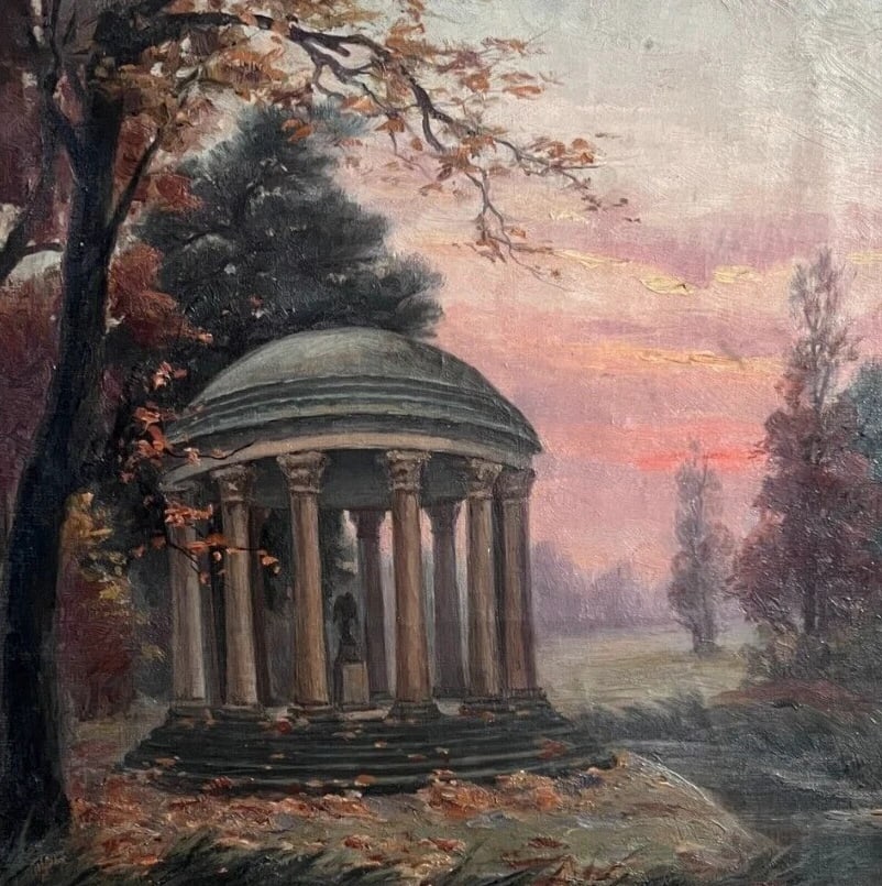 Antique Painting Original Landscape, Architecture, Sunset, Trees signed - 3