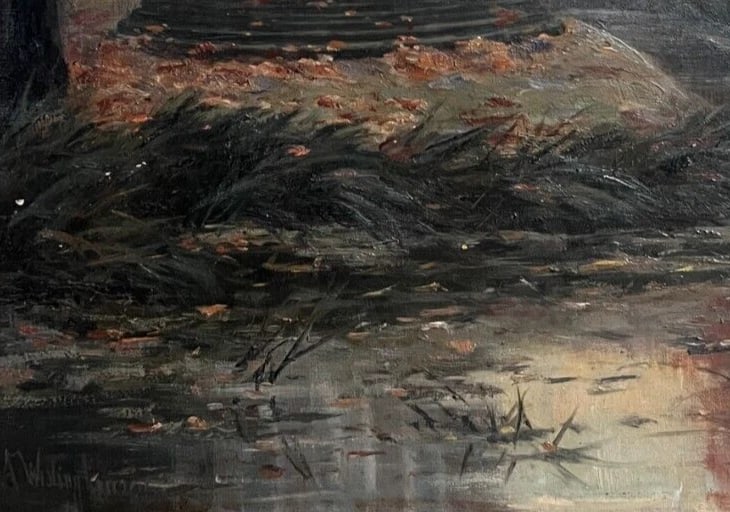 Antique Painting Original Landscape, Architecture, Sunset, Trees signed - 4