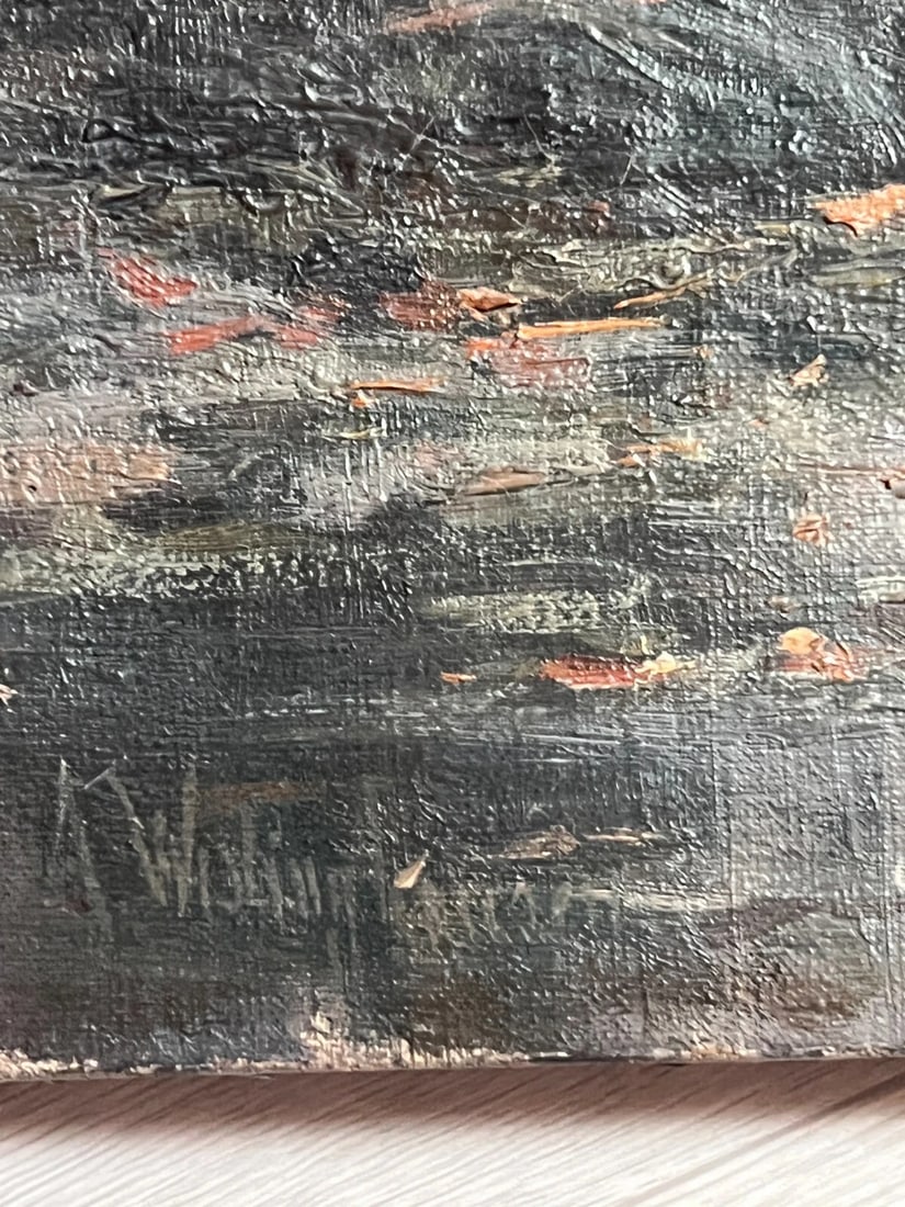 Antique Painting Original Landscape, Architecture, Sunset, Trees signed - 5