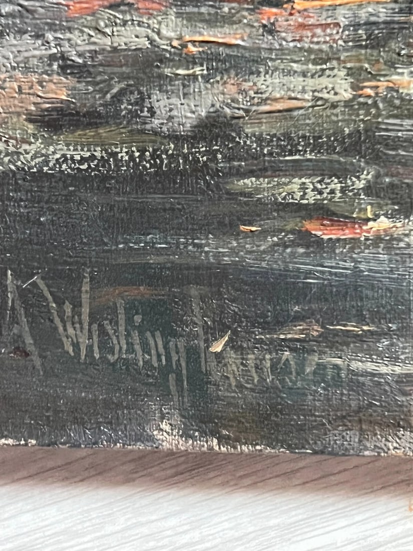 Antique Painting Original Landscape, Architecture, Sunset, Trees signed - 6