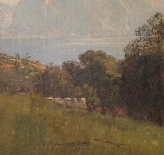 Antique Oil Painting Original 19th century Landscape Mountain People and Lake - 4