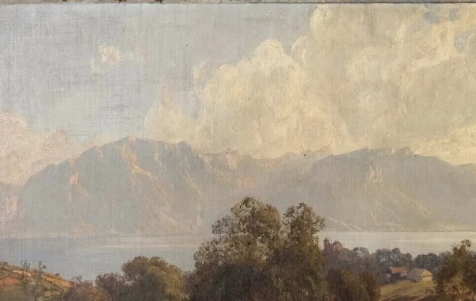 Antique Oil Painting Original 19th century Landscape Mountain People and Lake - 5