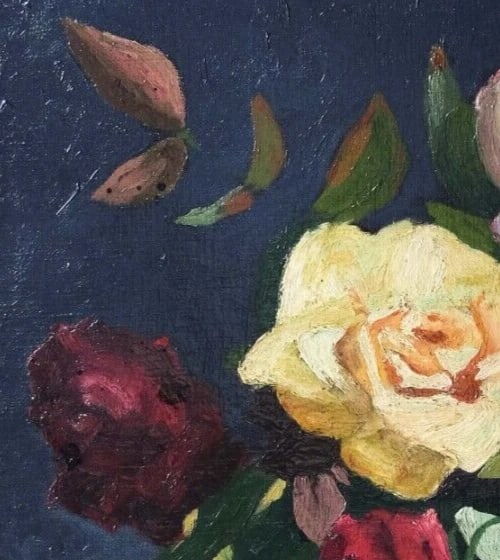 Pink and Yellow Flowers Bouquet Still Life - Antique Painting Original - 3