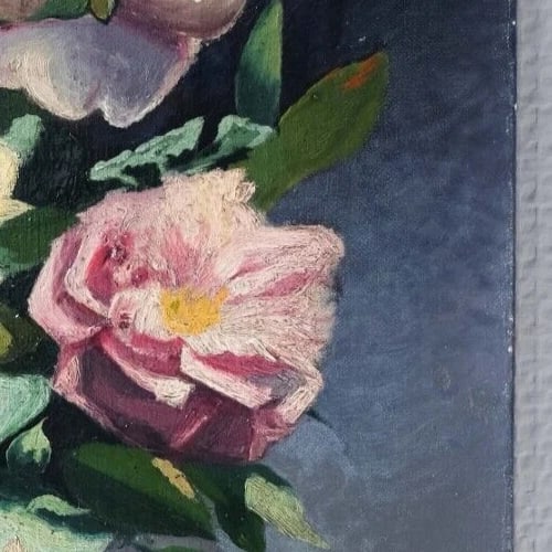 Pink and Yellow Flowers Bouquet Still Life - Antique Painting Original - 4