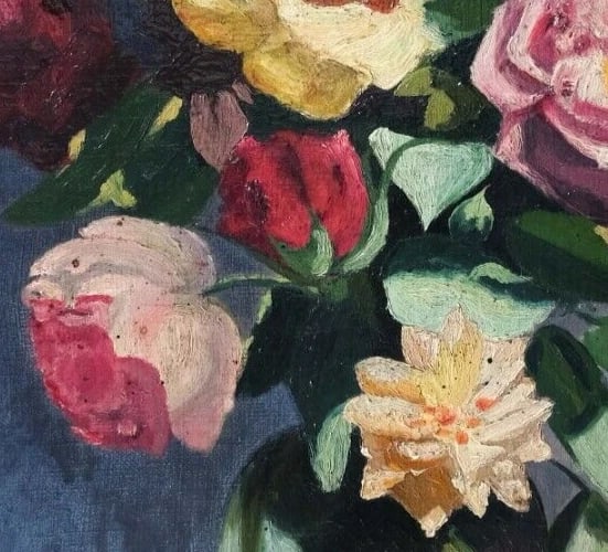Pink and Yellow Flowers Bouquet Still Life - Antique Painting Original - 5