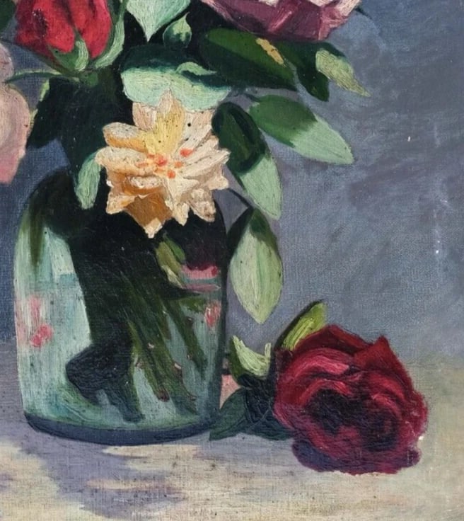 Pink and Yellow Flowers Bouquet Still Life - Antique Painting Original - 6