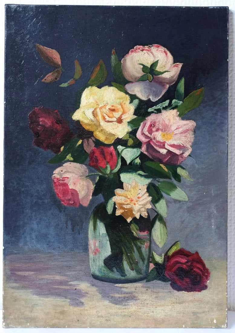 Pink and Yellow Flowers Bouquet Still Life - Antique Painting Original - 7
