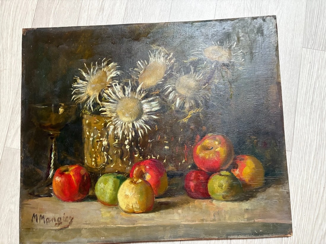 Antique Painting Original Flowers, Apples, Still Life signed Marius MANGIER - 2