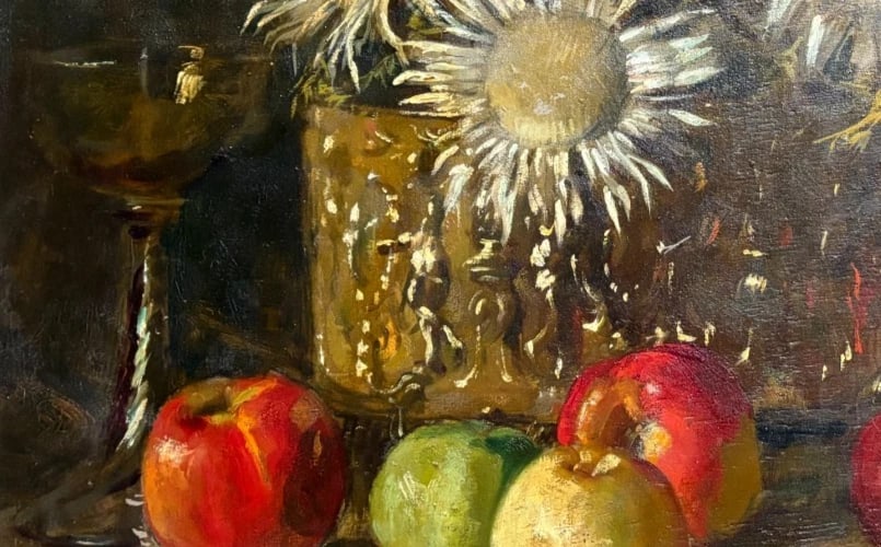 Antique Painting Original Flowers, Apples, Still Life signed Marius MANGIER - 4