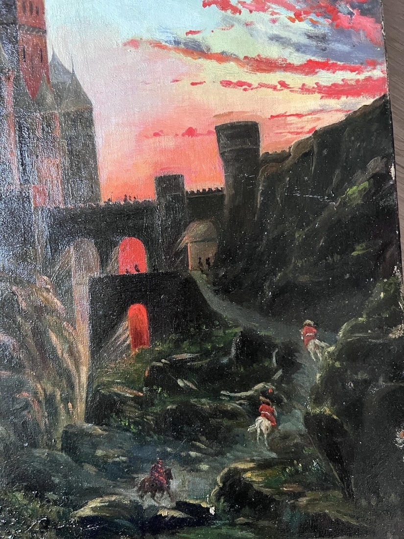 19th Century Landscape Castle, People, Sunset - Painting Antique Original Oil - 5
