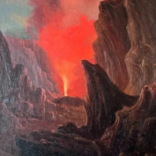 19th century Landscape Volcano in Eruption - Painting Antique Original Oil - 5