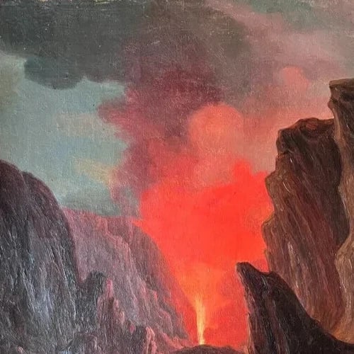 19th century Landscape Volcano in Eruption - Painting Antique Original Oil - 6