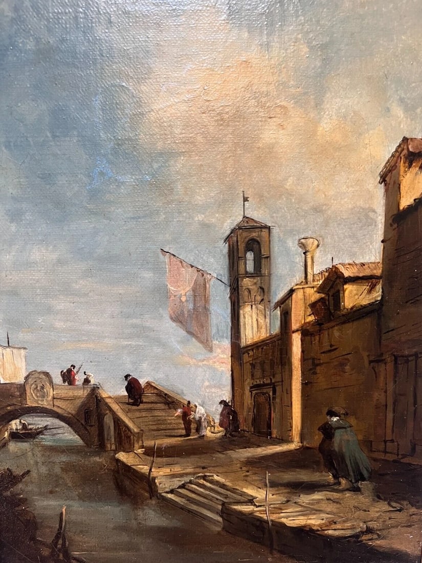 Cityview, Venice, Bridge Vecchio, People after Guardi Painting Antique Original: Title:Cityview, Venice, Bridge Vecchio, People after Guardi Painting Antique Original Description:Oil on wood 33 x 25 cm unsigned tiny damages Reserve: $1,800.00 Shipping: Domestic: Flat-rate of $150.