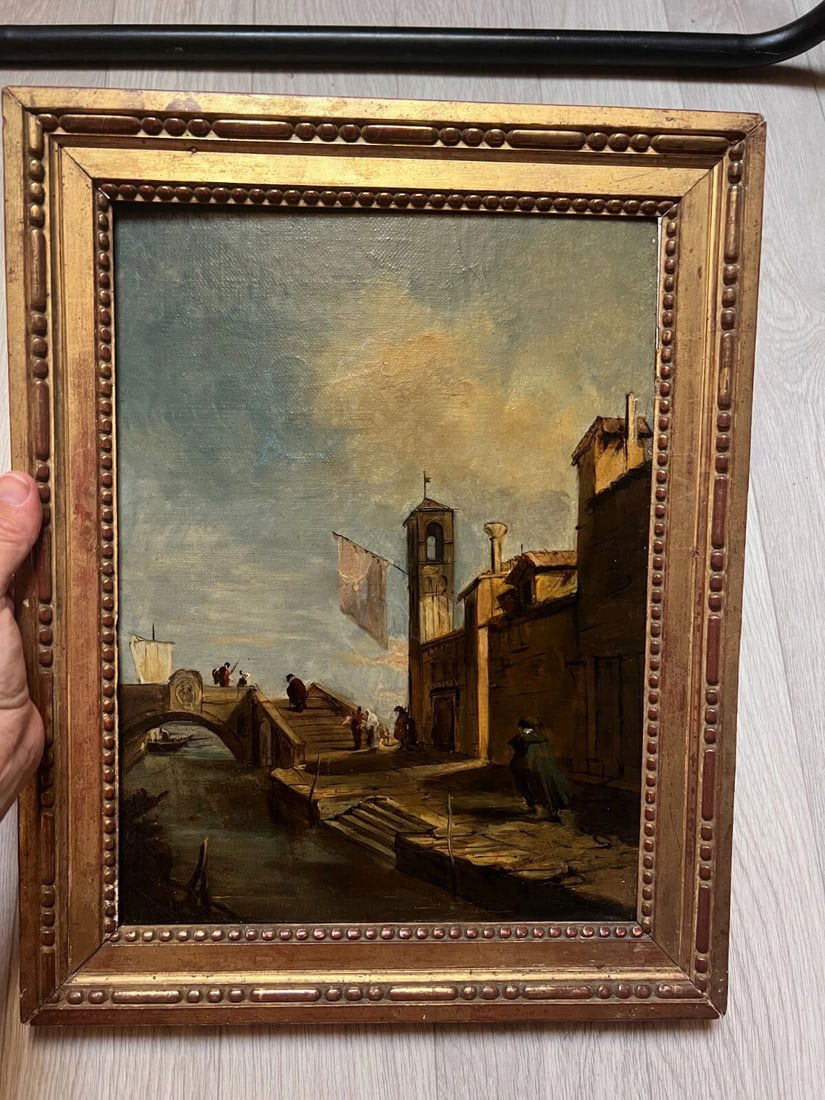 Cityview, Venice, Bridge Vecchio, People after Guardi Painting Antique Original - 2