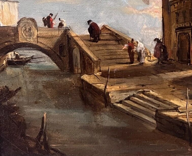 Cityview, Venice, Bridge Vecchio, People after Guardi Painting Antique Original - 4