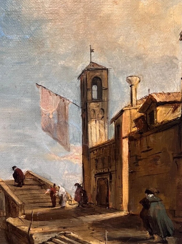 Cityview, Venice, Bridge Vecchio, People after Guardi Painting Antique Original - 5