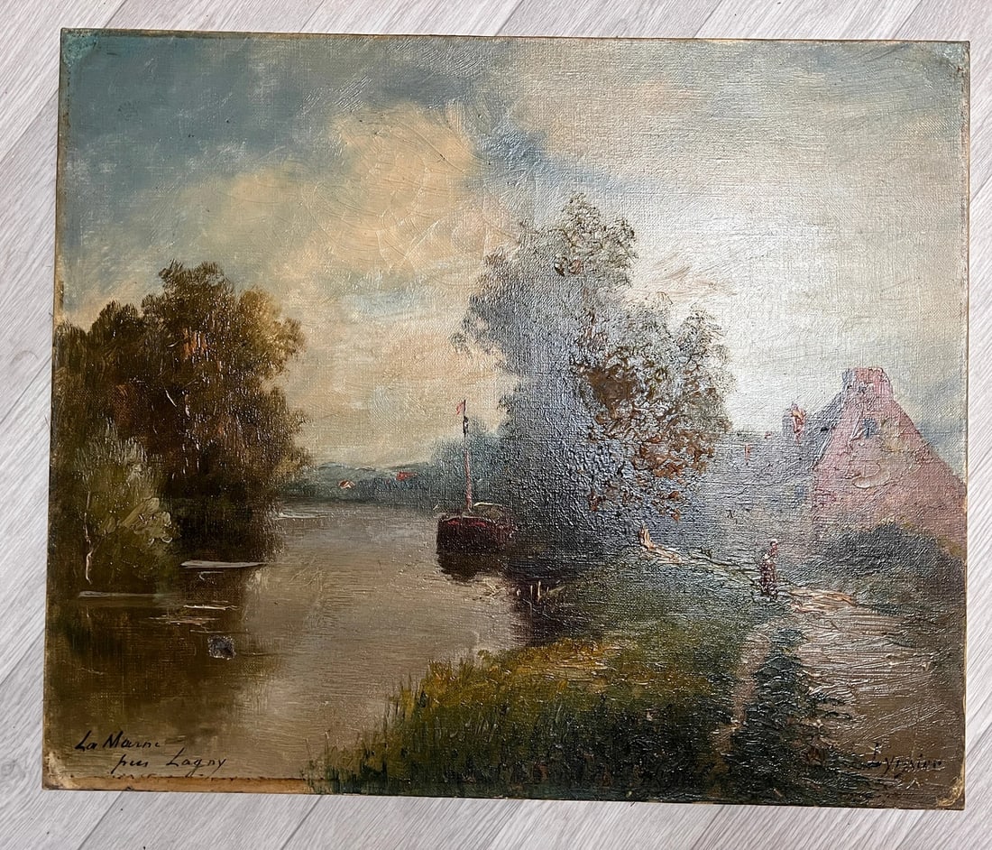 Antique Original Painting by LINSYER Th (XIX-XX) Marne Landscape next to Lagny - 2